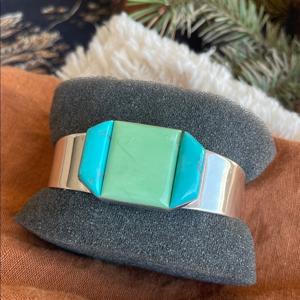 Chilean Andean Turquoise and Variscite Sterling Silver Cuff Bracelet